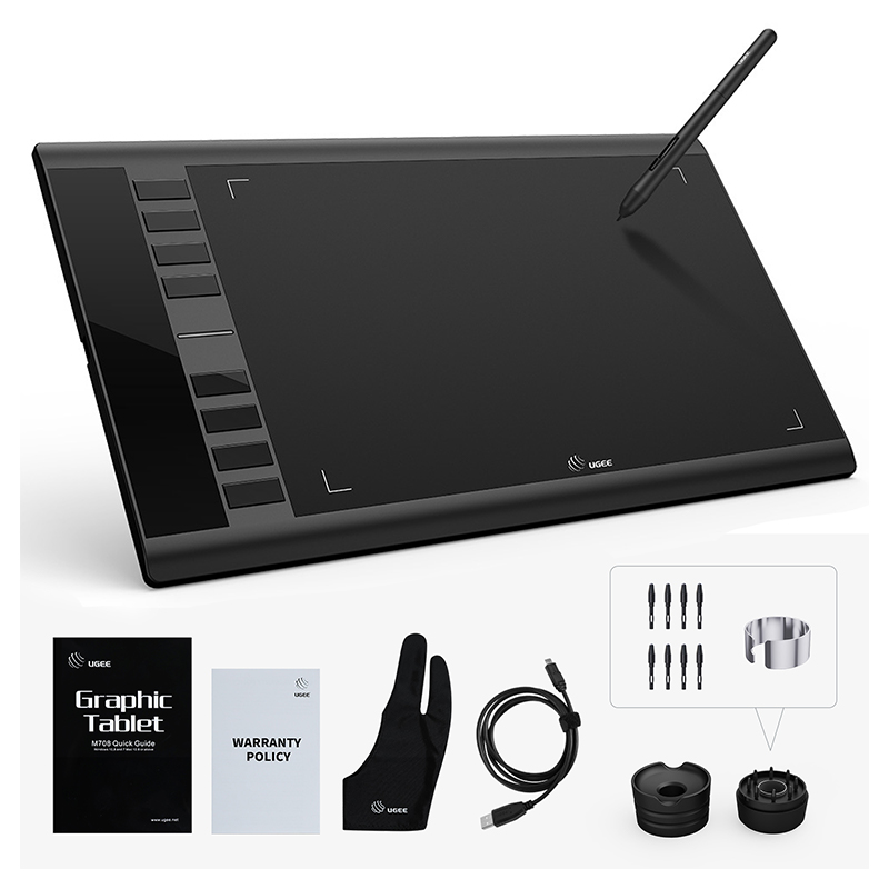 Ugee Graphics Drawing Tablet, Ugee M708 10 x 6 inch Large Drawing Tablet with 8 Hot Keys, Passive Stylus of 8192 Levels Press